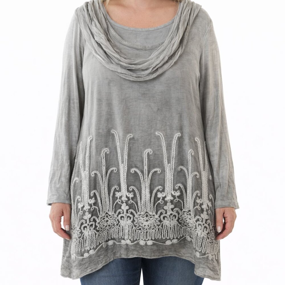 Soft Surroundings Gray Silk Tunic Blouse Ribbon Flowers Cowl Neck Size L NWT